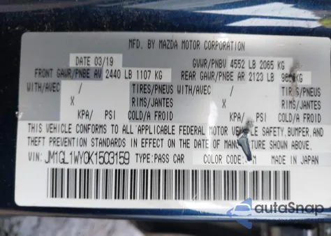 2019 Mazda Mazda6 Grand Touring Reserve z USA, uszkodzony, nr VIN JM1GL1WY0K1503159